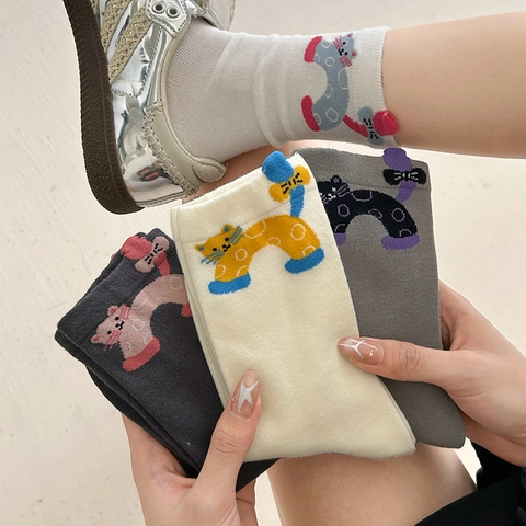 Combed Cotton Crew Socks Cute Cartoon Cat 3D Ears Rainbow Embroidery Ribbed Breathable Soft Daily Fashion Hosiery