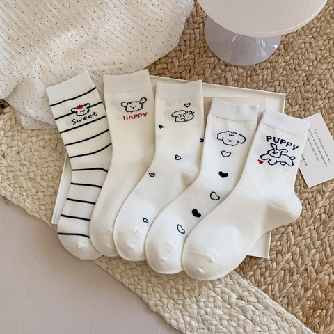 Cute Puppy Cartoon Mid Calf Socks Cotton Blend Sweat Absorbent Preppy Style Breathable White Patterned Stockings For Women