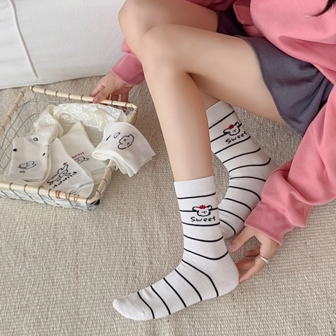 Cute Puppy Cartoon Mid Calf Socks Cotton Blend Sweat Absorbent Preppy Style Breathable White Patterned Stockings For Women