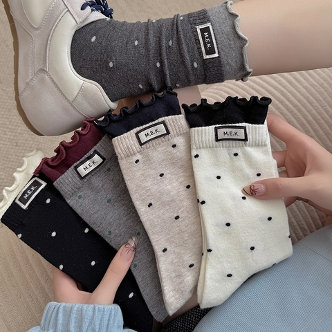 Calze Al Polpaccio In Misto Cotone Da Donna Motivo A Pois Bordo Con Volant Moda Stile Coreano Calzini Con Etichetta