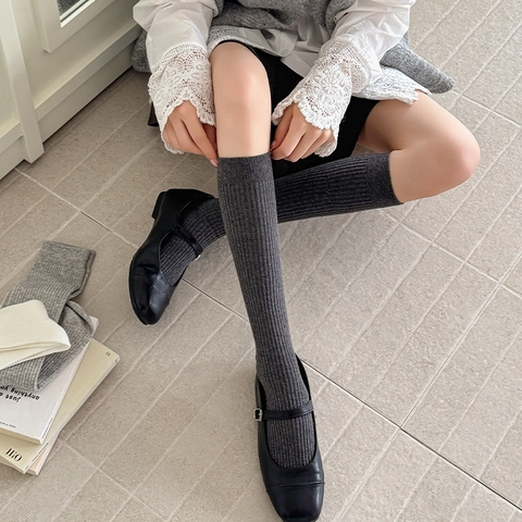 Women Cotton Ribbed Calf Socks Korean Style Preppy Solid Color Breathable Slouchy Knee High Socks Mid Tube Socks