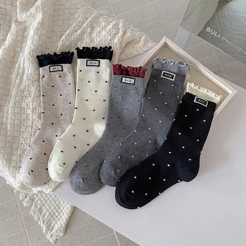 Calze Al Polpaccio In Misto Cotone Da Donna Motivo A Pois Bordo Con Volant Moda Stile Coreano Calzini Con Etichetta