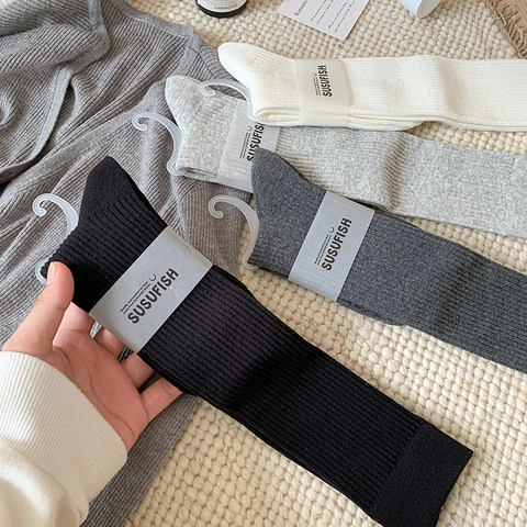 Women Cotton Ribbed Calf Socks Korean Style Preppy Solid Color Breathable Slouchy Knee High Socks Mid Tube Socks