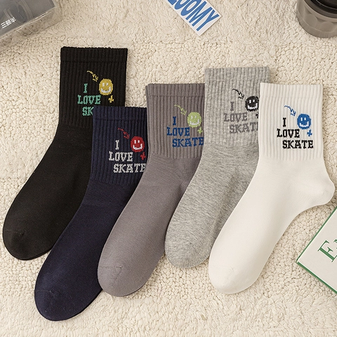 Men Crew Socks Cotton Skate Style Lettering Smile Face Pattern Ribbed Breathable Casual Mid Tube Hosiery