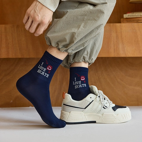 Men Crew Socks Cotton Skate Style Lettering Smile Face Pattern Ribbed Breathable Casual Mid Tube Hosiery
