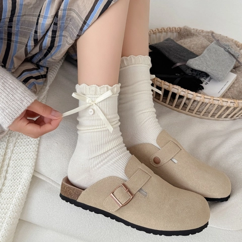 Calze Donna Gambaletto Con Fiocco Nastro Bordo Arricciato Decoro Bottone Stile Scolastico Giapponese Misto Cotone
