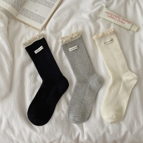 Women Crew Socks Cotton Ribbed Knit Lace Trim Sweet Japanese Style Letter Label Breathable Solid Color Soft