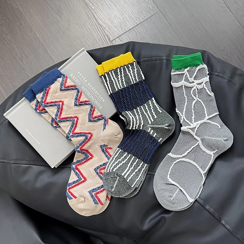 Calcetines Media Pantorrilla Para Mujer De Mezcla De Algodón Retro Relieve Geométrico Color Block Moda Vintage