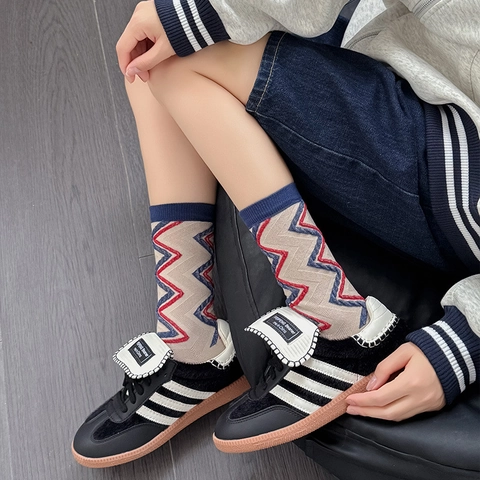 Calcetines Media Pantorrilla Para Mujer De Mezcla De Algodón Retro Relieve Geométrico Color Block Moda Vintage