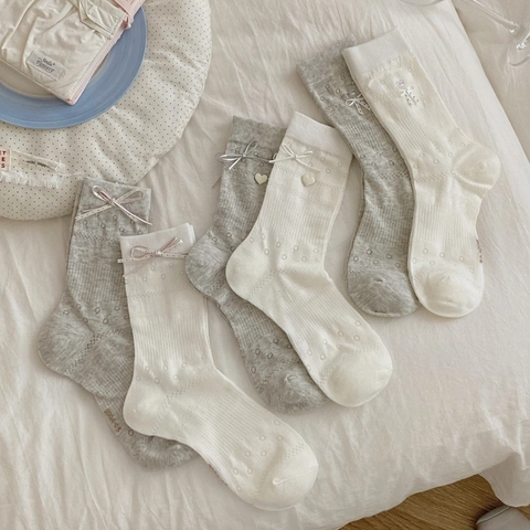 Süße Damen Baumwolle Wadenlange Socken Schleife Band Mesh Hohl Balletcore Stil Atmungsaktiv Freizeit Socken
