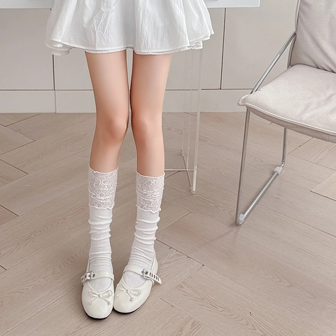 Women Slouch Socks Lace Trim Balletcore Cotton Blend Ribbed Sweet Lolita Mid Calf Over The Knee Hosiery