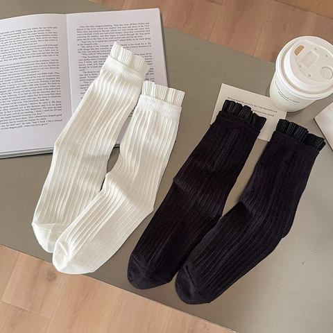 Women Ruffled Cuff Mid Calf Socks Cotton Ribbed Solid Color Casual Korean Style Breathable Soft Fashion Accessory