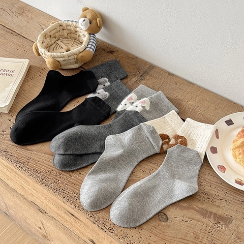 Calcetines De Tubo Medio Para Mujer Mezcla De Algodón Punto Flocado Dibujos Animados Animales Transpirable Bloque De Color Lindo