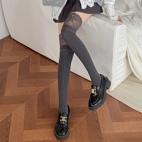 Women Over The Knee Socks Cotton Ribbed Knit Lace Trim Sweet Lolita JK Style Long Stockings Elegant Warm