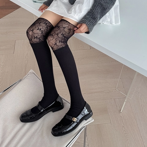 Women Lolita Lace Trim Over The Knee Socks Cotton Patchwork Ribbed JK Sweet Japanese Style Long Mid Calf Hosiery