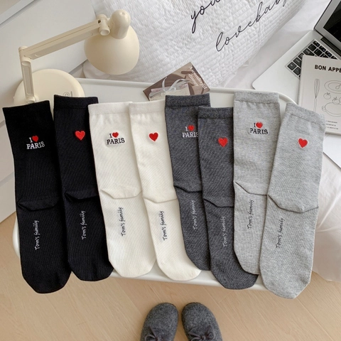 Women Combed Cotton Crew Socks Heart Embroidery I Love Paris Korean Style Casual Breathable Soft