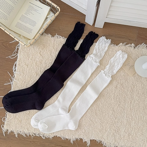 Women Lolita Lace Trim Over The Knee Socks Cotton Patchwork Ribbed JK Sweet Japanese Style Long Mid Calf Hosiery
