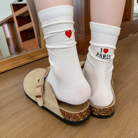 Women Combed Cotton Crew Socks Heart Embroidery I Love Paris Korean Style Casual Breathable Soft
