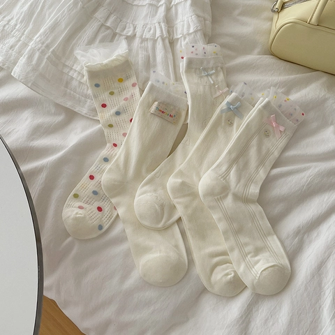 Mid-Calf Socks Cotton Blend Lace Trim Polka Dot Bowknot Sweet Japanese Style Breathable Casual For Women
