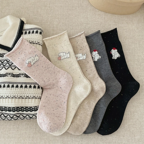 Calze Metà Polpaccio Donna Cotone Pettinato Ricamo Cucciolo Cartone Animato Filato Fiammato Bordo Arrotolato Stile Accademia Giapponese Traspirante Morbido