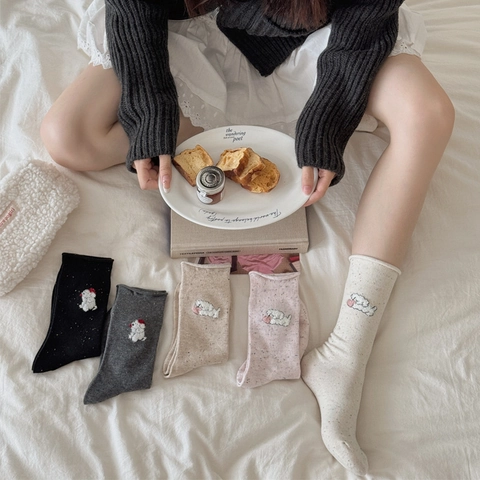 Chaussettes Mi-Mollet Femmes Coton Peigné Broderie Chiot Dessin Animé Fil Moucheté Bord Roulé Style Académie Japonaise Respirant Souple