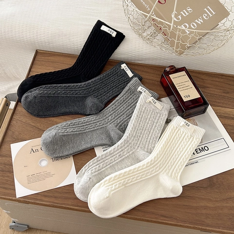 Womens Cotton Blend Crew Socks Cable Knit Ribbed Mid-Calf Casual Japanese Style With Decorative Egg Label