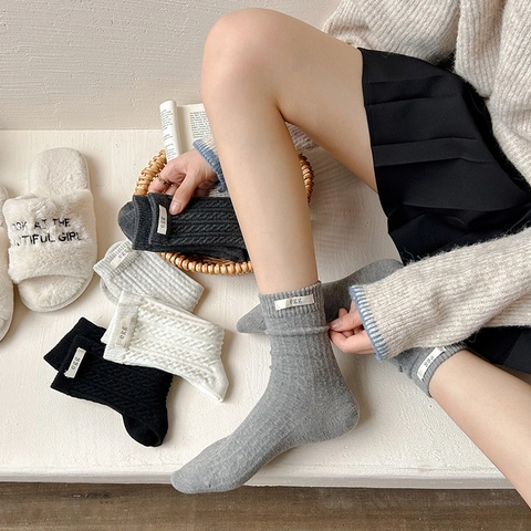 Womens Cotton Blend Crew Socks Cable Knit Ribbed Mid-Calf Casual Japanese Style With Decorative Egg Label