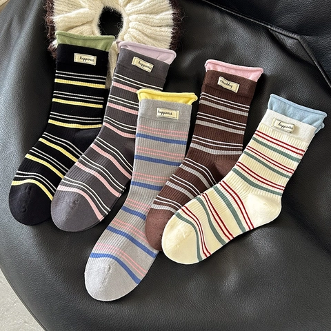 Calze Da Donna In Cotone Pettinato A Righe Stile Coreano Blocchi Di Colore Etichetta Happiness Bordo Arrotolato Casual