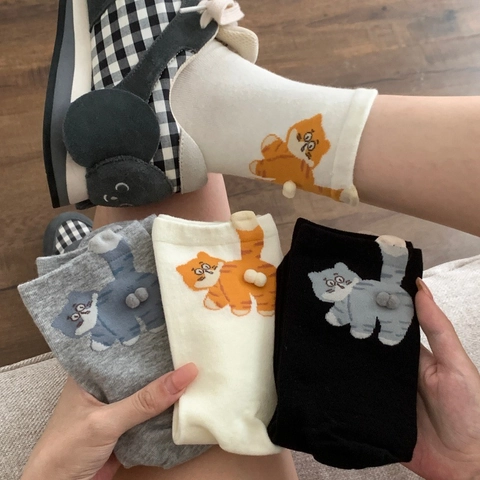 Calze Crew Cotone Pettinato Divertente Gatto 3D Pom Pom Palla Pelosa Carino Cartone Animato Elastico Morbido Media Altezza