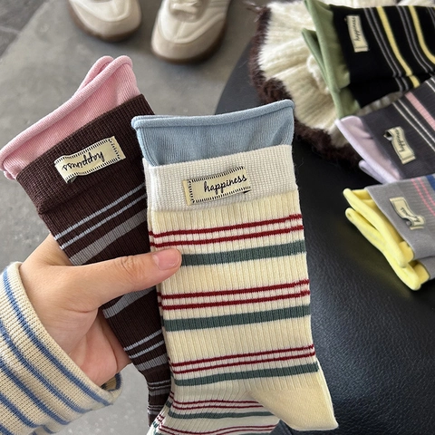 Calze Da Donna In Cotone Pettinato A Righe Stile Coreano Blocchi Di Colore Etichetta Happiness Bordo Arrotolato Casual