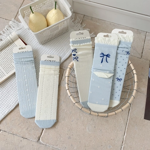 Calcetines Slouch Para Mujer Algodón Peinado Malla Corazón Lazo Encaje Borde Volantes Transpirable Verano Fino Media Pantorrilla