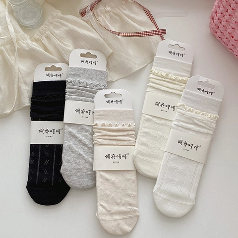 Women Slouch Crew Socks Combed Cotton Mesh Ruffle Edge Bow Jacquard Breathable Japanese Sweet Lolita Style Thin