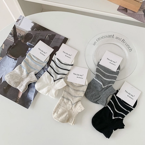 Calcetines Tobilleros De Rayas Para Mujer Algodón Transpirable Malla Finos Estilo Coreano Invisibles