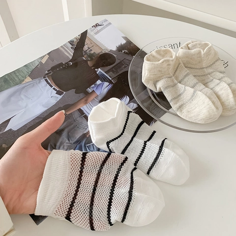 Calcetines Tobilleros De Rayas Para Mujer Algodón Transpirable Malla Finos Estilo Coreano Invisibles