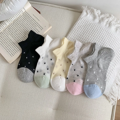Calzini Donna Rete Traspirante Cotone Fantasia Pois Colore Contrasto Invisibili Estate Sottili Stile Giapponese
