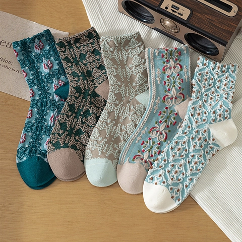 Calze Metà Polpaccio Vintage Donna Cotone Pettinato Motivi Floreali Rilievo Jacquard Estetica Palazzo Retrò Morbido