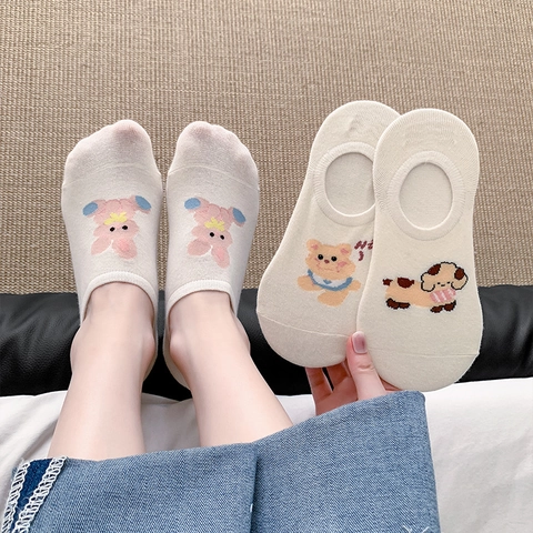 Damen Unsichtbare Füßlinge Baumwolle Atmungsaktiv Niedrig Geschnitten Rutschfest Cartoon Tier Stickerei Kawaii Socken