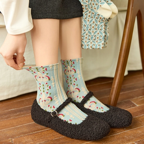 Calze Metà Polpaccio Vintage Donna Cotone Pettinato Motivi Floreali Rilievo Jacquard Estetica Palazzo Retrò Morbido