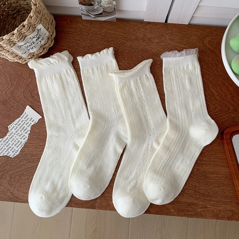 Women Cotton Blend Crew Socks Hollow Out Ruffle Edge Japanese Style Sweet Breathable Lace Trim Retro White