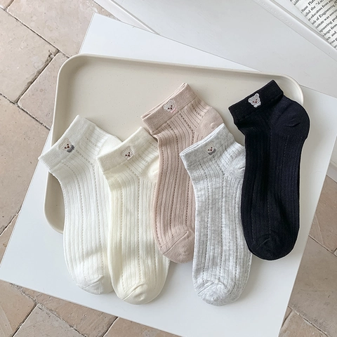 Women Cotton Ankle Socks Bear Embroidery Ribbed Breathable Soft Casual Japanese Style Preppy