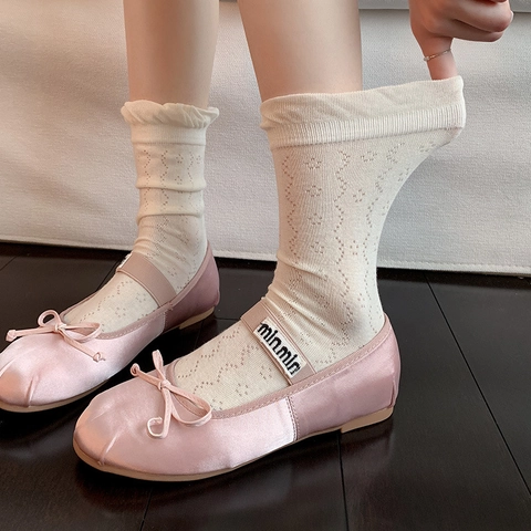 Women Cotton Blend Crew Socks Hollow Out Ruffle Edge Japanese Style Sweet Breathable Lace Trim Retro White