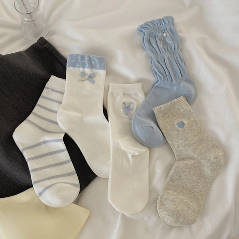 Women Mid Calf Crew Socks Combed Cotton Breathable Soft Daily Korean Ins Style Heart Bow Ruffle Artificial Pearl Embroidery