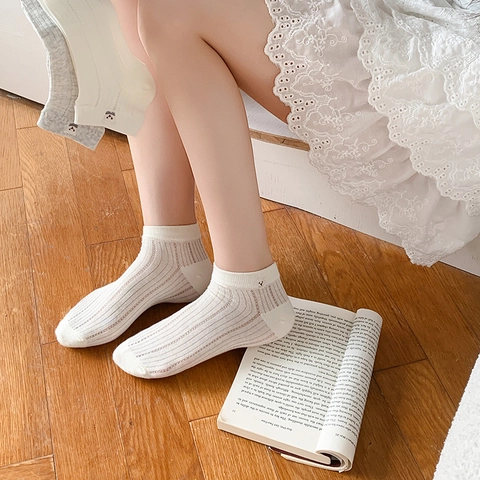 Women Cotton Ankle Socks Bear Embroidery Ribbed Breathable Soft Casual Japanese Style Preppy