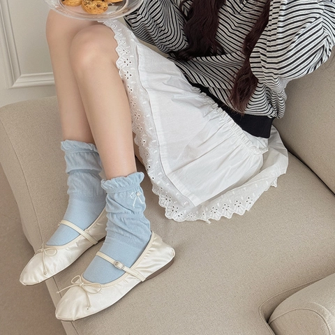 Women Mid Calf Crew Socks Combed Cotton Breathable Soft Daily Korean Ins Style Heart Bow Ruffle Artificial Pearl Embroidery