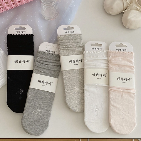 Women Mid Calf Socks Bow Jacquard Combed Cotton Ruffle Trim Breathable Sweet Fashion Crew Socks