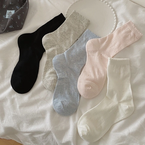 Women Mid Calf Socks Combed Cotton Hollow Heart Bow Lace Edge Breathable Thin Summer Solid Color Japanese Style Fashion Soft