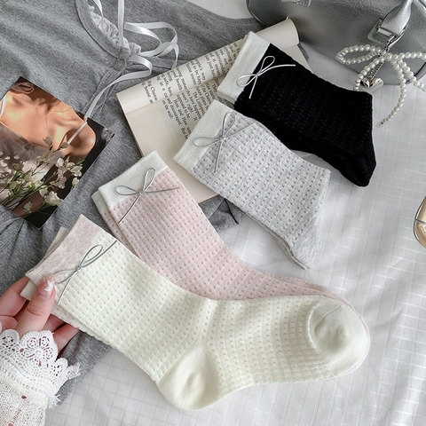 Calze A Rete Donna Misto Cotone Traspirante Maglia Dettaglio Fiocco Polsino Contrasto Estetica Dolce