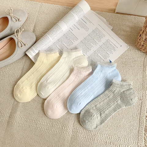 Calzini Alla Caviglia Donna Misto Cotone Bordo In Pizzo Maglia Traforata Traspirante A Coste Verticali Estivi