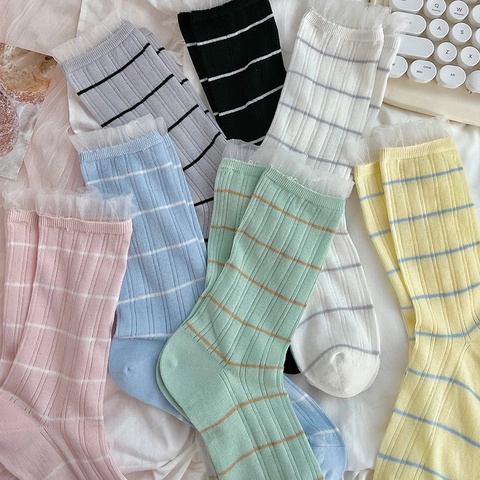 Women Slouch Socks Cotton Blend Striped Mesh Breathable Lace Trim Sweet Fresh Style Crew Socks