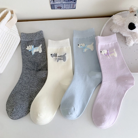 Calze Crew Da Donna In Misto Cotone Ricamo Cane Cartone Animato Con Fiocco Stile Giapponese Traspiranti Morbide